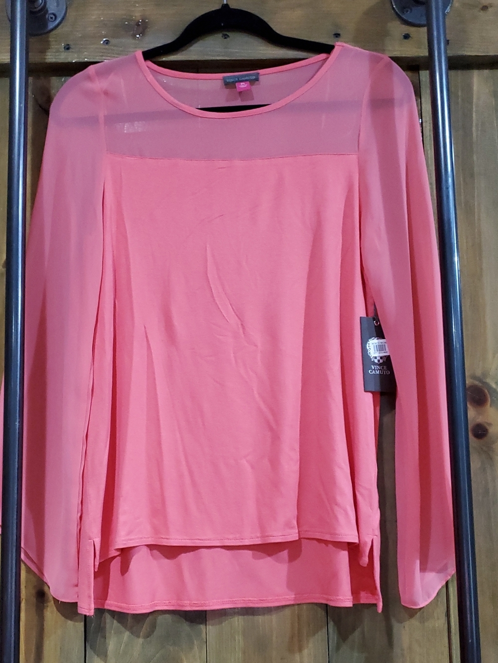 Vince Camuto Coral Pink Layered Chiffon Panel Blouse Career Sunday Dinner Date